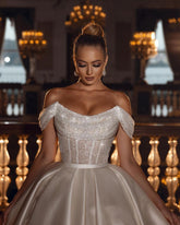 Sparkly Off-the-Shoulder Sequins A-line Bridal Dress with Detachable Sweep Train